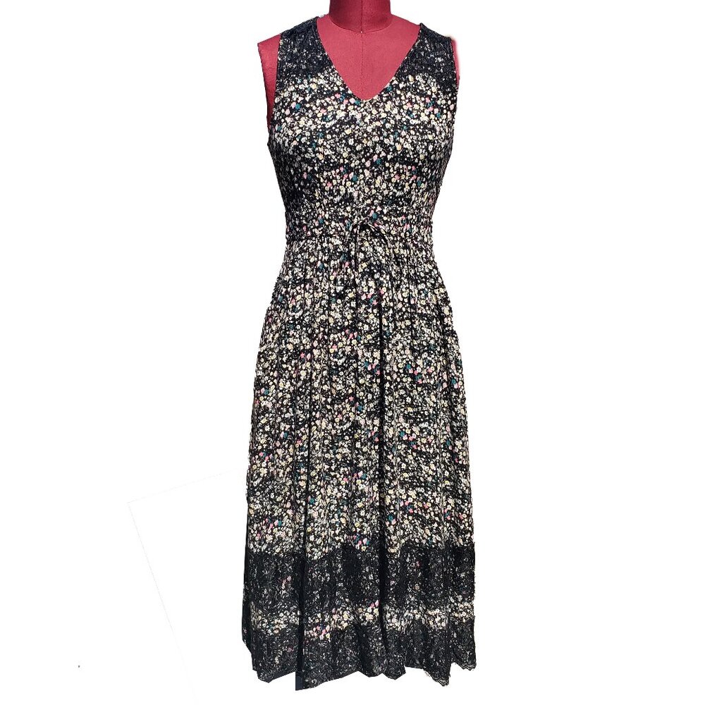 Ranna Gill Cynara Midi Dress Black Mini Floral Sleeveless V Neck XSmall